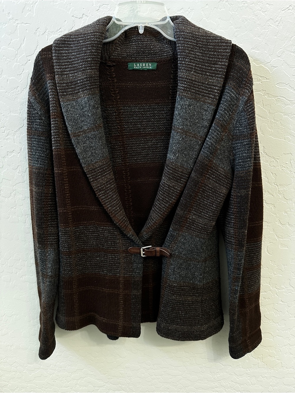 Lauren Ralph Lauren Plaid Knit Cardigan- Est. Large- Brown Steel Blue